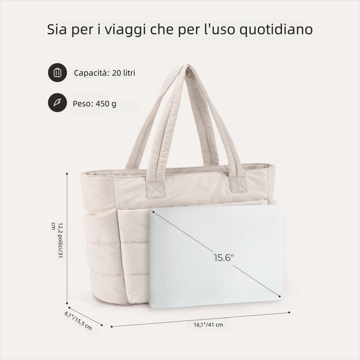 Borsa Tote da Lavoro Imbottita 20L per Laptop 15,6"