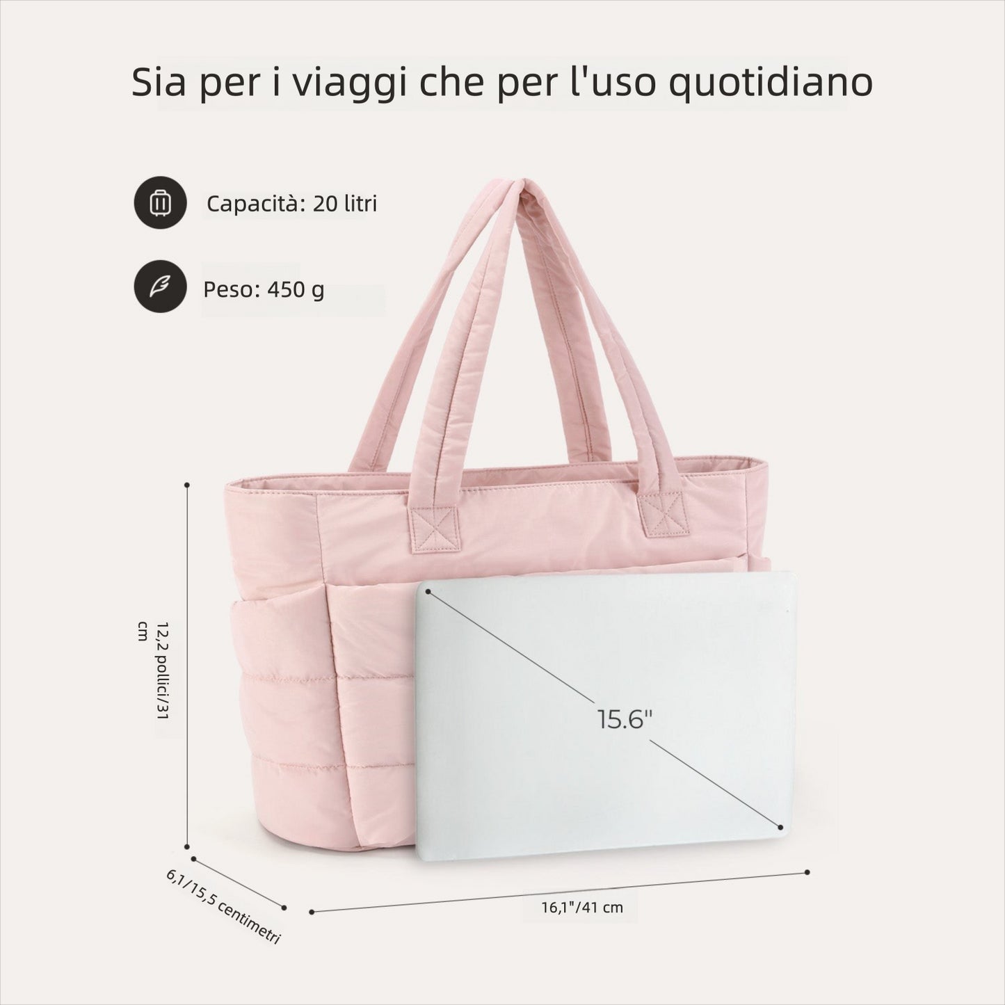 Borsa Tote da Lavoro Imbottita 20L per Laptop 15,6"