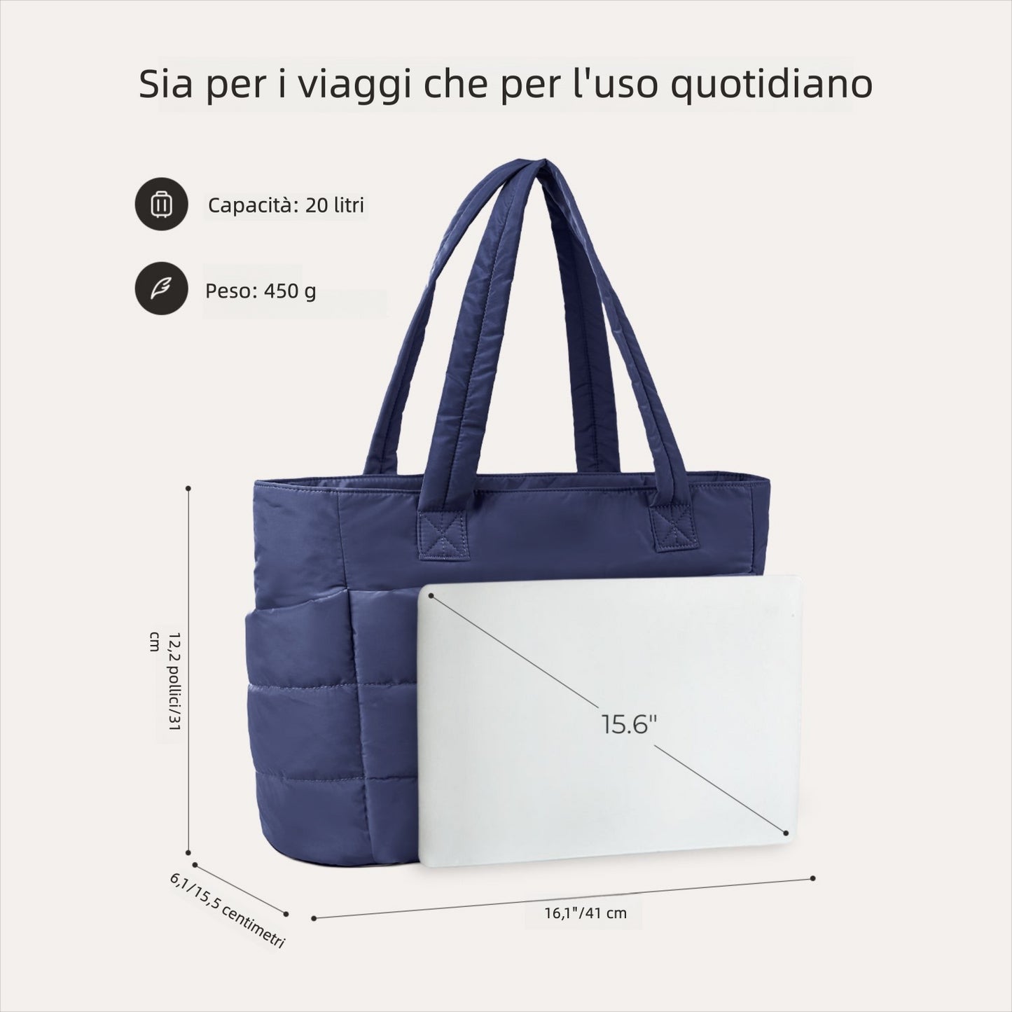 Borsa Tote da Lavoro Imbottita 20L per Laptop 15,6"