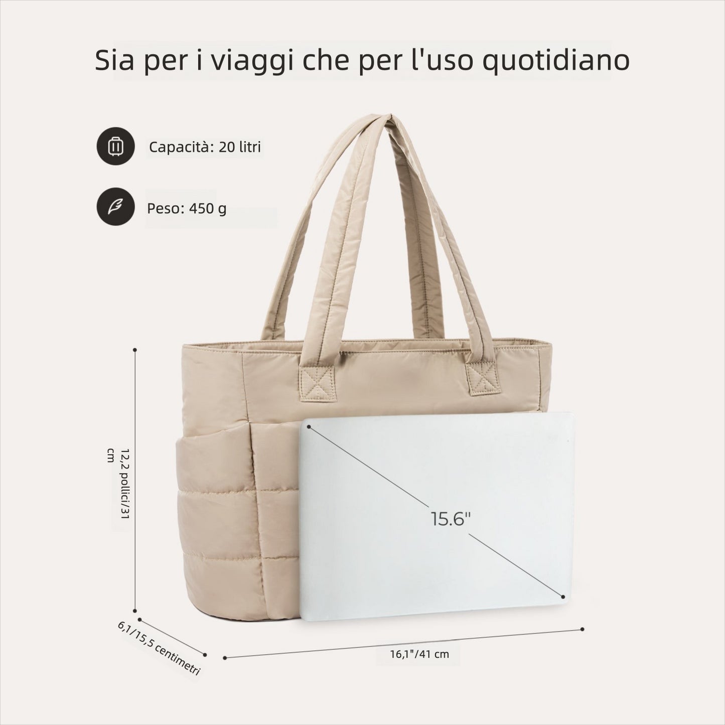 Borsa Tote da Lavoro Imbottita 20L per Laptop 15,6"