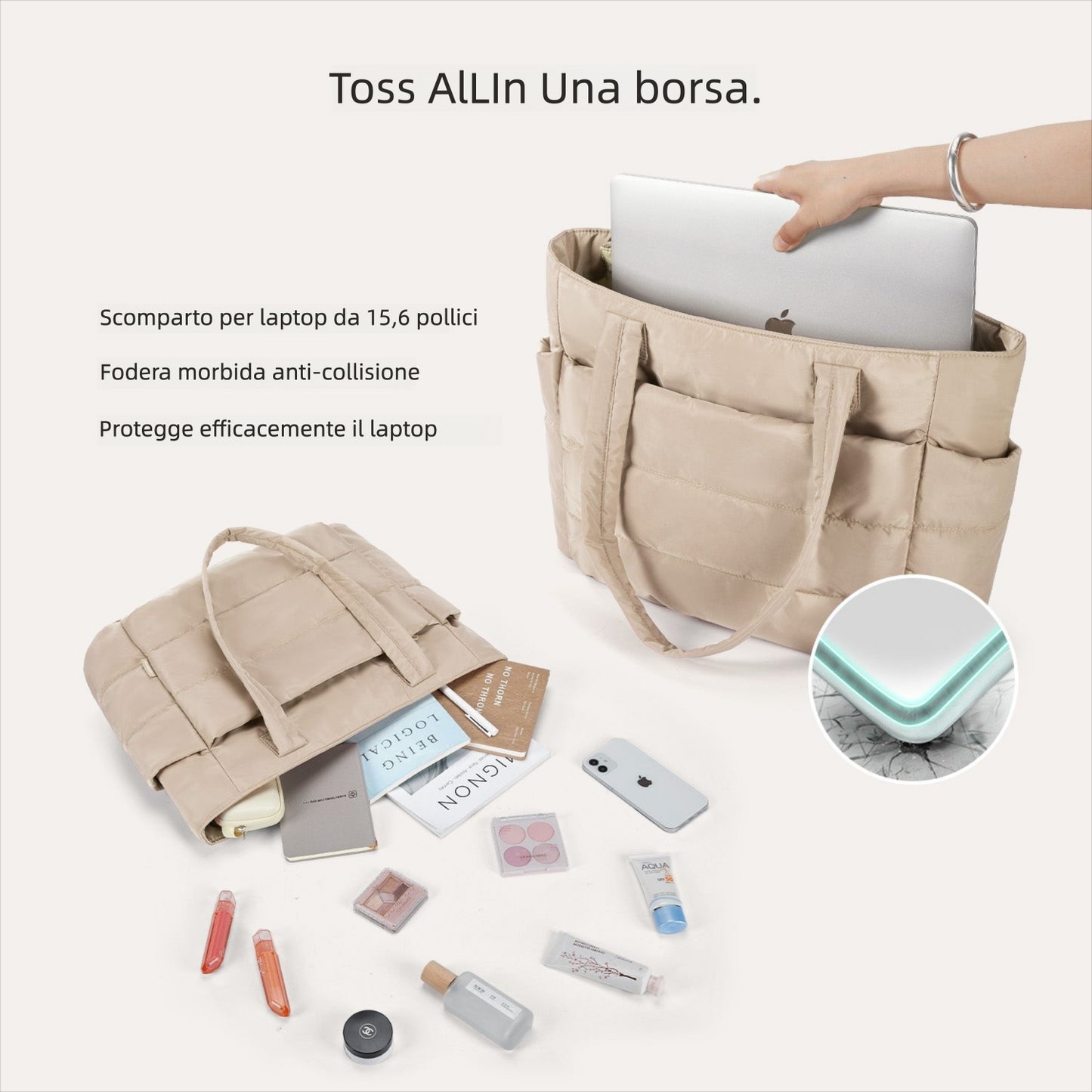 Borsa Tote da Lavoro Imbottita 20L per Laptop 15,6"