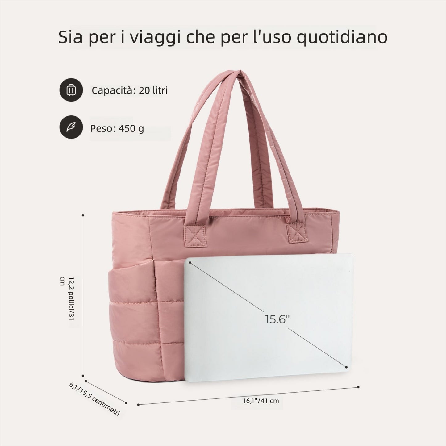 Borsa Tote da Lavoro Imbottita 20L per Laptop 15,6"