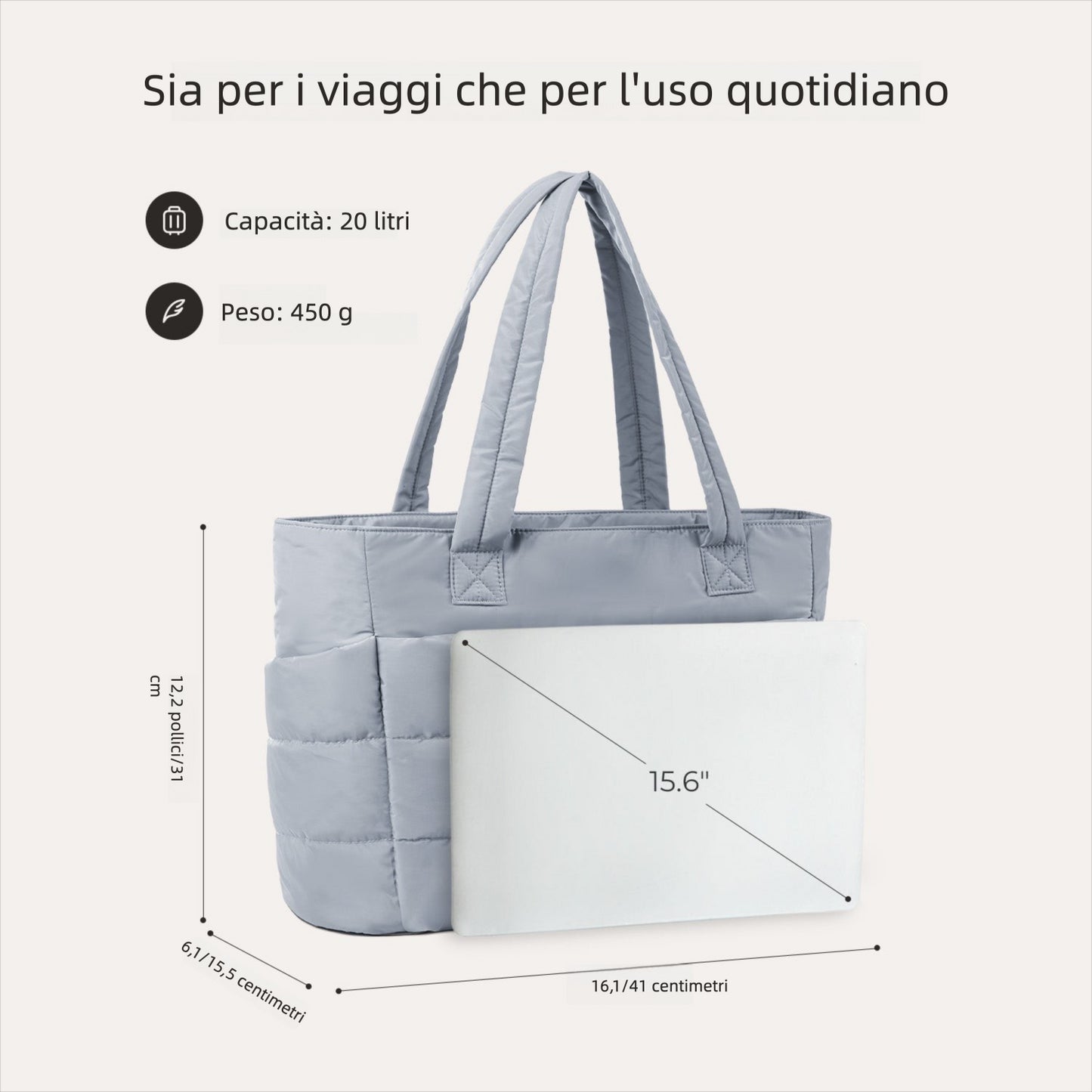 Borsa Tote da Lavoro Imbottita 20L per Laptop 15,6"