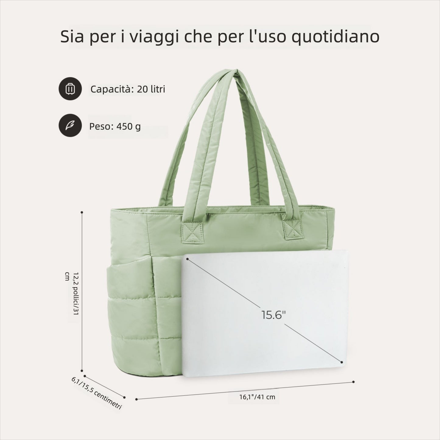 Borsa Tote da Lavoro Imbottita 20L per Laptop 15,6"