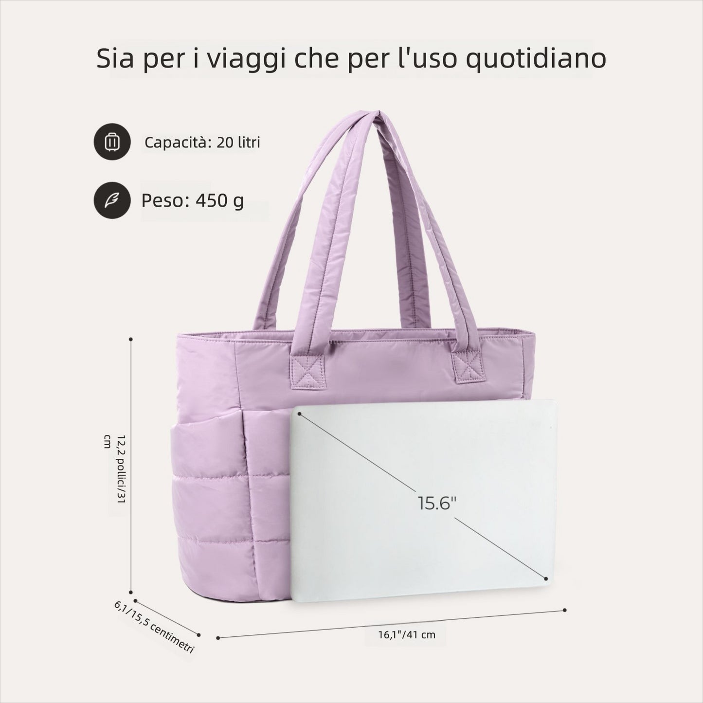 Borsa Tote da Lavoro Imbottita 20L per Laptop 15,6"